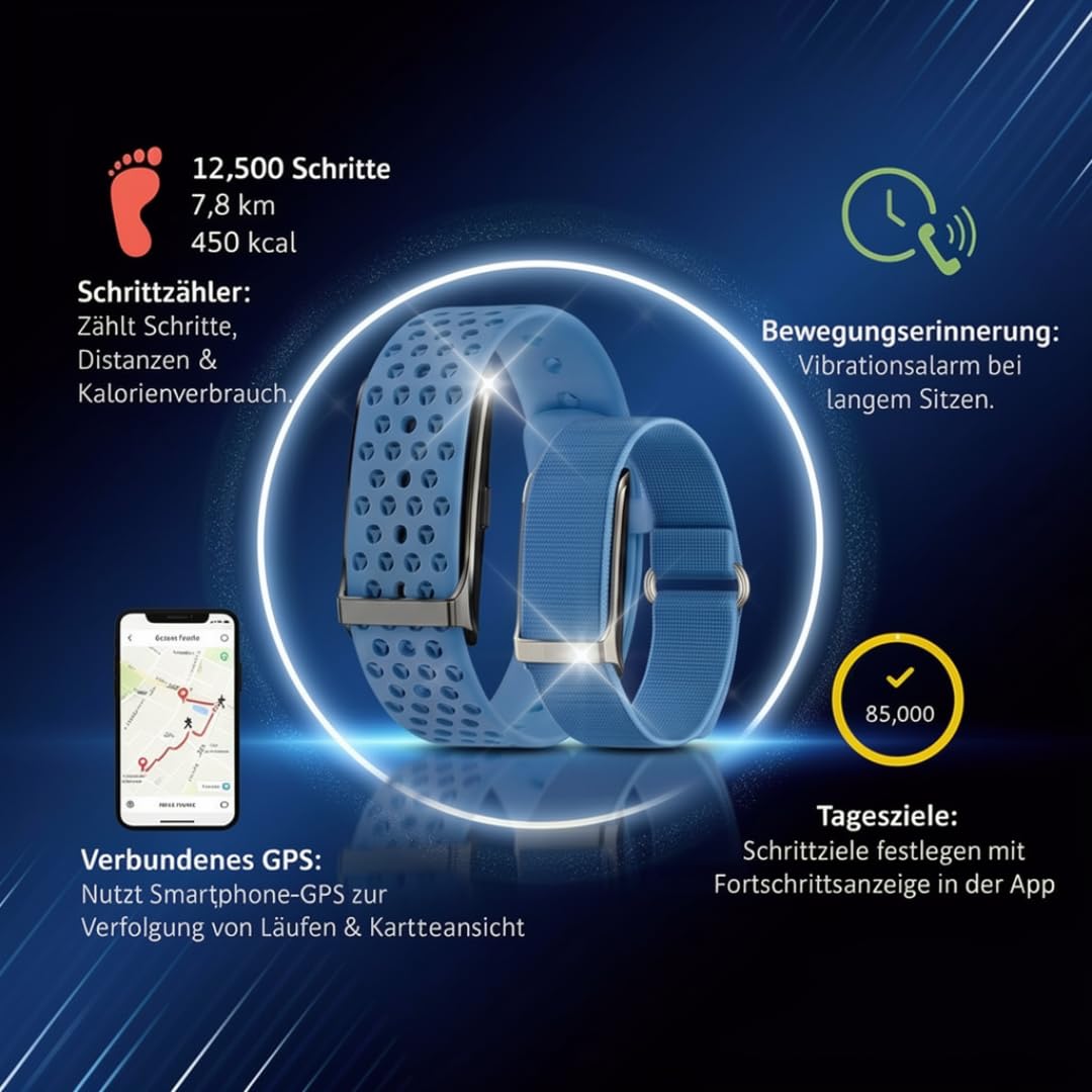 Smartband Fitness Tracker Premium (ohne Display) | Inkl. 2 Armbänder | Schrittzähler, Puls & Schlaf etc. | 20 Tage Akku, IP68 Wasserdicht | Damen & Herren | Android & iOS