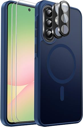 for Samsung Galaxy A56 5G Phone Case Magnetic Shockproof, [Fit for MagSafe] [Glass Screen Protector + Camera Lens Protector] Translucent Anti-Fingerprint Blue