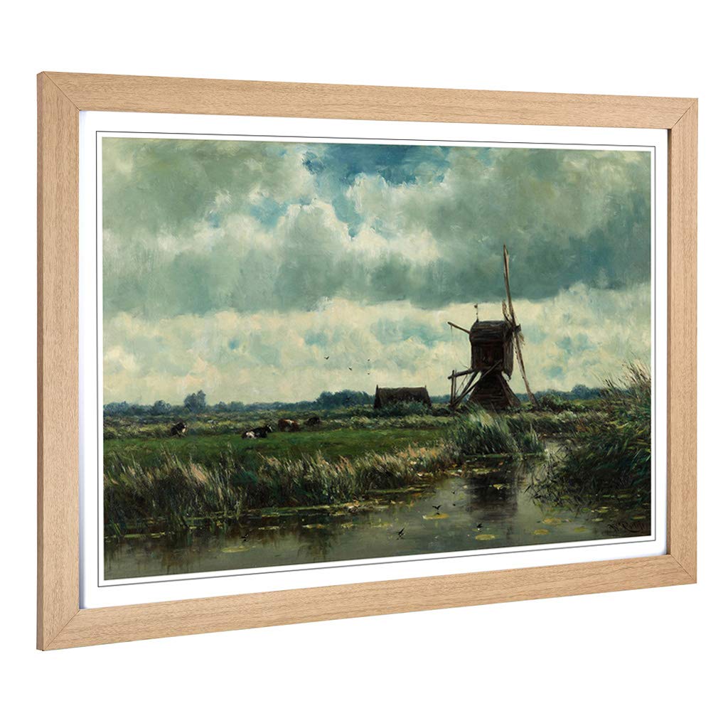 Big Box Art Framed Print of Willem Roelofs Landscape Windmill Design | Wall Art Picture | Home Decor for Kitchen, Living Room, Bedroom, Hallway, Oak, A2 / 24.5x18 Inch / 62x45cm