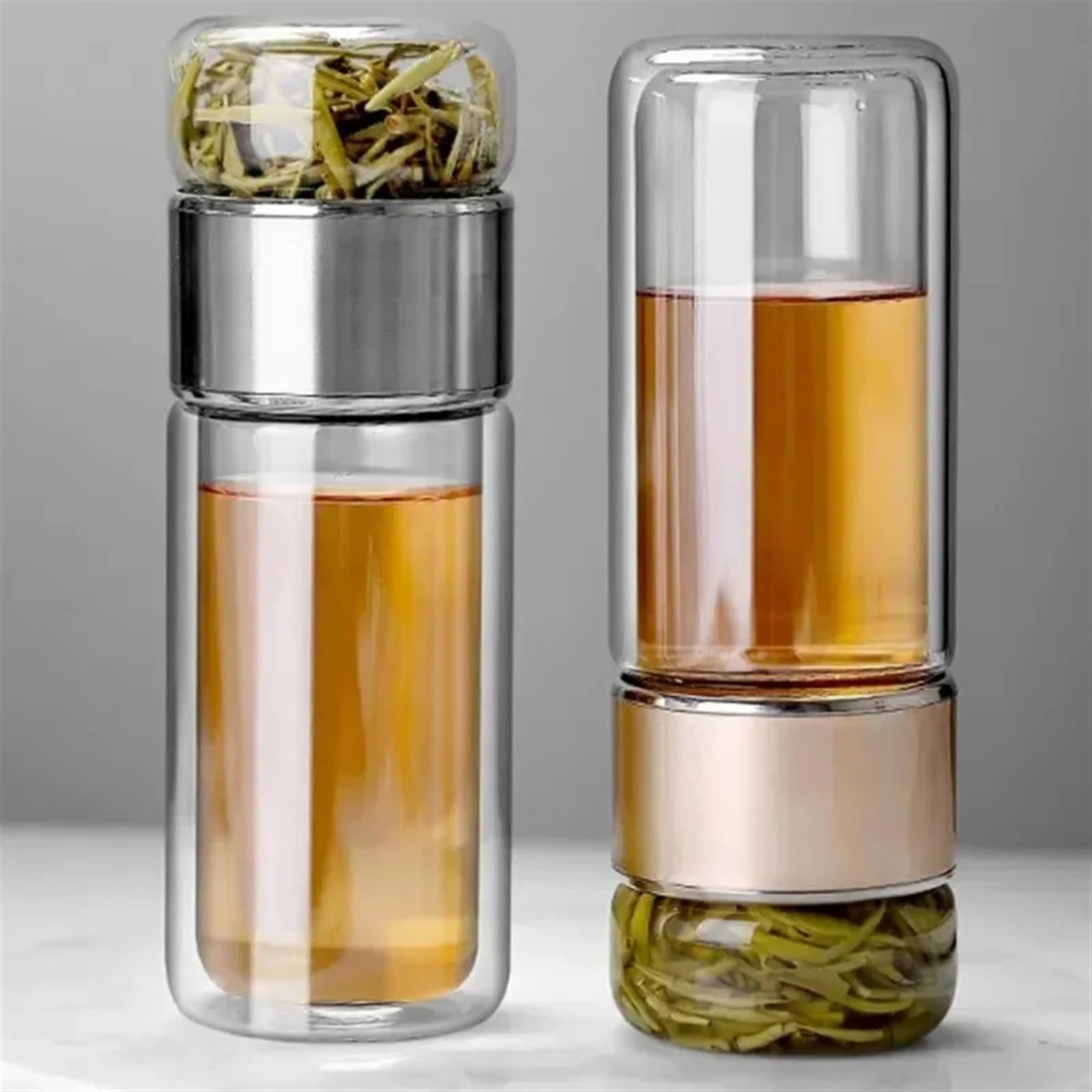 Botella de agua del té de 390ML, vaso de agua del té de doble capa de vidrio de borosilicato alto, vaso infusor, botella de agua con filtro de té(Gold)