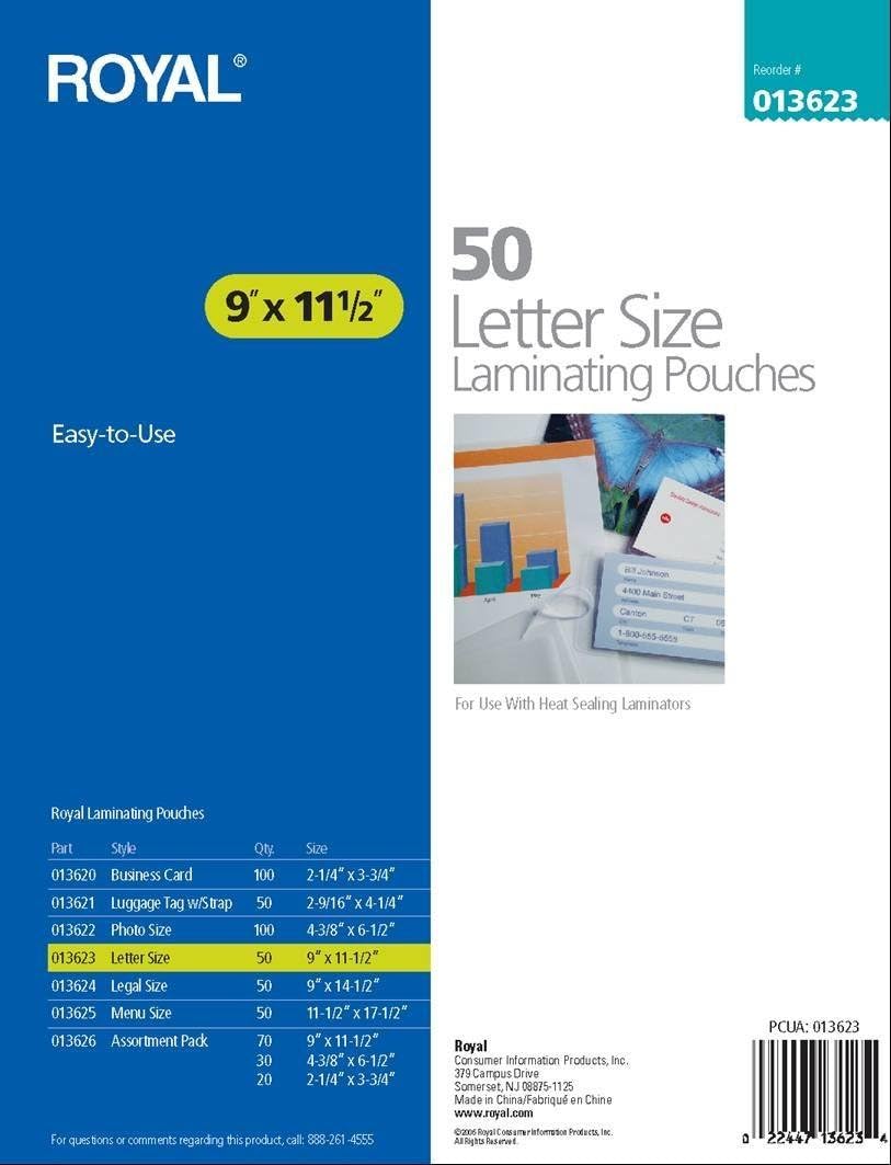 Royal O13623 Letter Size Laminating Pouches, 50Pack Laminating Supplies Office
