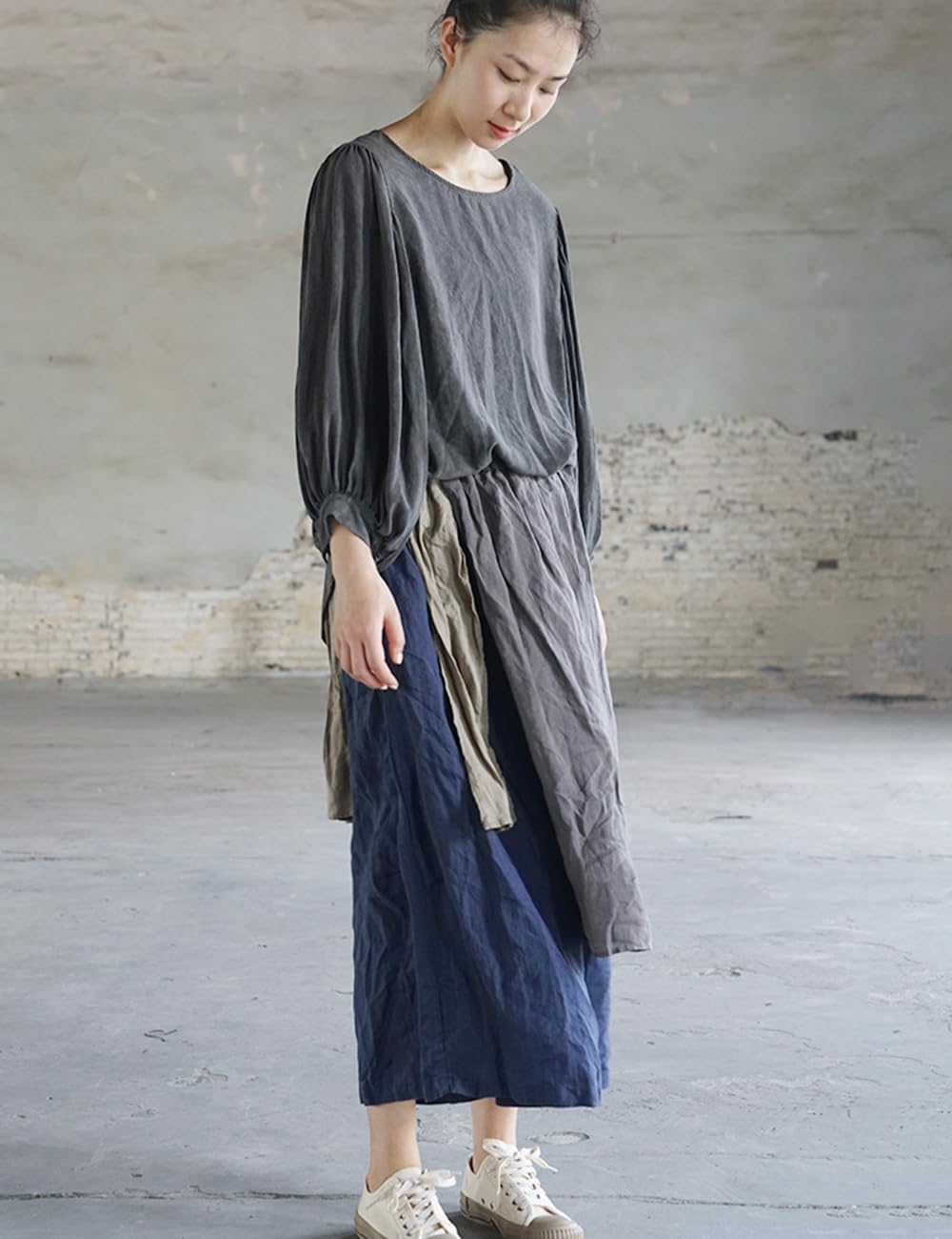 Ystylee Women Wide Leg Linen Pants Irregular Apron Layered Elastc Waist Patchwork Cropped Trousers
