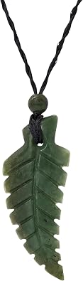 81stgeneration Nephrite Jade Maori Fern Leaf Pendant Necklace - Greenstone Cord Surfer Necklace for Women - Natural Jewelry for Men - Tribal Hand-Carved Design - Green Gemstone Amulet