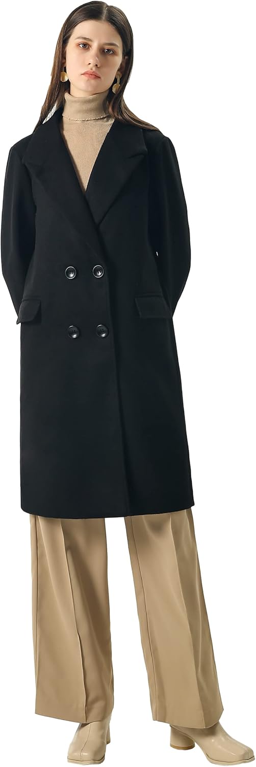 CHARTOU Women's Winter Oversize Lapel Collar Woolen Plaid Double Breasted Long Peacoat Jacket - Image 4