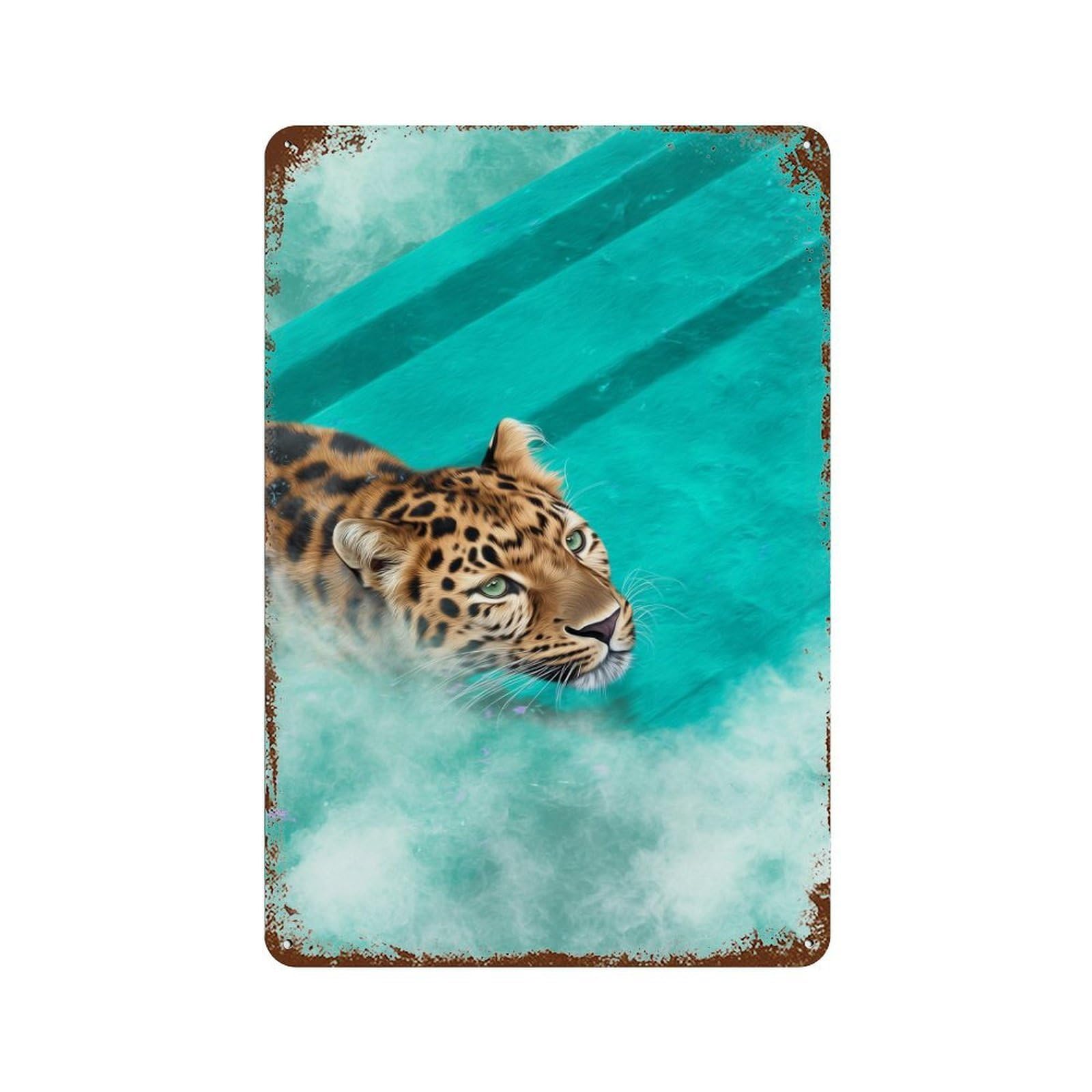 Leopard in Waterfall Vintage Rust Metal Sign 11.8"x7.9", Ideal for Bistro, Counter And Cafe Decor