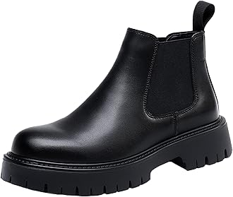 QOOELMen's Genuine Leather Slip On Chunky Platform Chelsea Boots Luxury Round Toe Lug Sole Work Dress Boots Casual Non Slip Ankle Boots