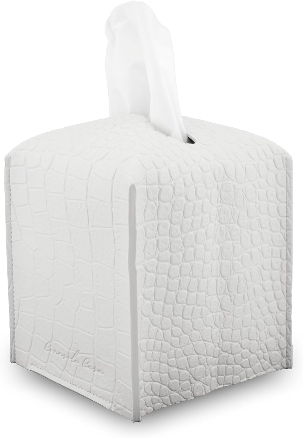 Premium PU Leather Tissue Box Holder–Modern Cover for Home, Office, Car–Stylish Cube Organizer for Standard Kleenex Tissues – Durable, Easy Refill, Crocodile Design (White)