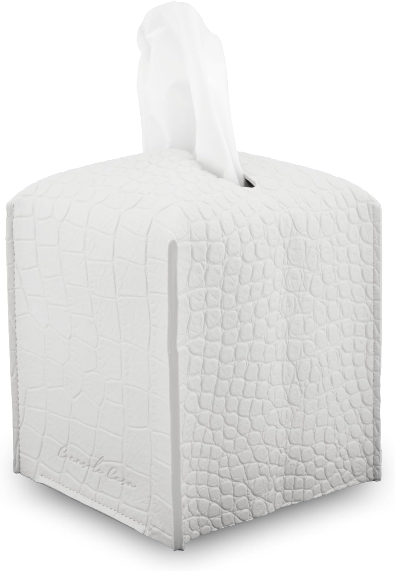 Premium PU Leather Tissue Box Holder–Modern Cover for Home, Office, Car–Stylish Cube Organizer for Standard Kleenex Tissues – Durable, Easy Refill, Crocodile Design (White)