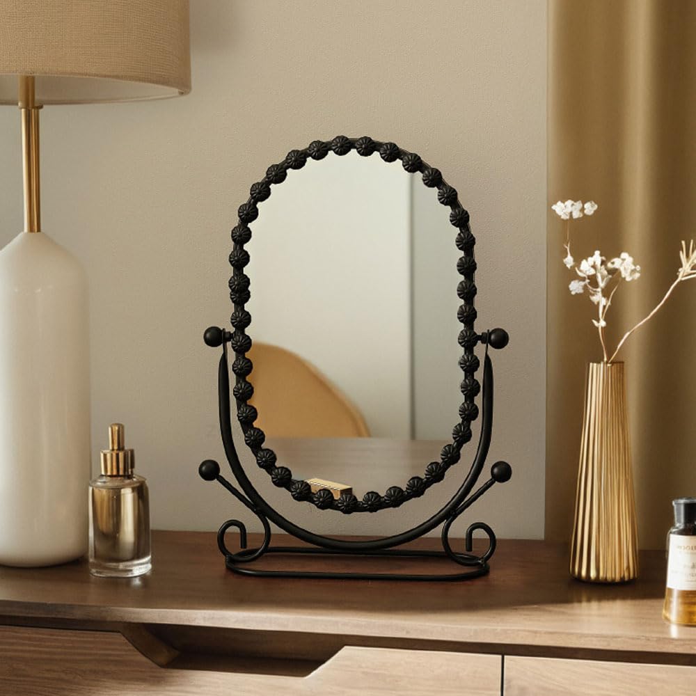 Hosoncovy Desktop Mirror with Stand Metal Frame Oval Free Standing Vanity Makeup Tabletop Mirror for Bathroom Bedroom (Black)