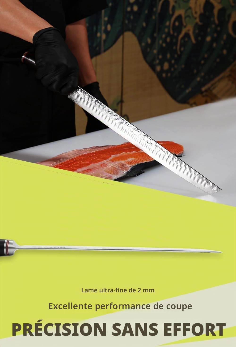 YOUSUNLONG Couteau à thon Maguro Bocho extra large 17 pouces (430 mm) Couteau à trancher Sujihiki Convient pour couper de gros thon, saumon, bœuf et mouton - Manche en ébène avec étui en cuir