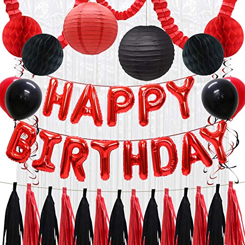 Red and Black Birthday Decorations for Women Men, Paper Lanterns Clover Garland Honeycomb Balls Hanging Swirls Foil Fringe Curtains Balloons for Girls Boys 13th 16th 18th 21st 30th 40th 50th 60th 70th