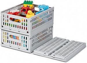 Foldable & Stackable Plastic Storage Crates Box with Wheels (Light Grey) 2 Pc Set (10 Kg Capacity Each) | Collapsible Multipurpose Bins with Side Handles | Portable Basket for Home