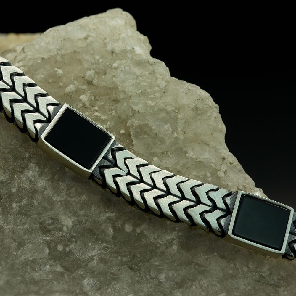 Handmade Sterling Silver Square Onyx Stone 10mm Cuban Curb Chain Men Bracelet