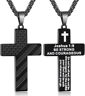 American Flag Cross Necklace for Men Bible Verse Stainless Steel Pendant Chain Personalized Christian Gift for for Him Boyfriend Husband (1:9, black)