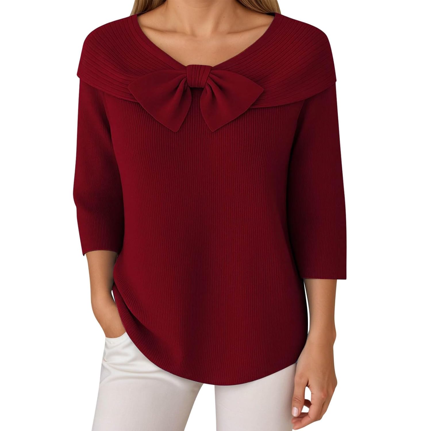 Womens Solid Color Casual Knit V Neck Loose Sweater
