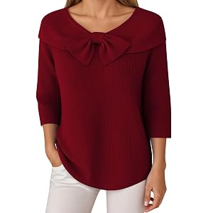 Christmas Sweaters for Women Plus Size Elegant Bow 3 4 Sleeve Knitted Pullover Sweater Xmas Holiday Party Jumpers