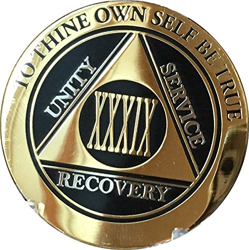RecoveryChip 39 Year AA Medallion Elegant Black Gold Silver Bi-Plated Alcoholics Anonymous Chip