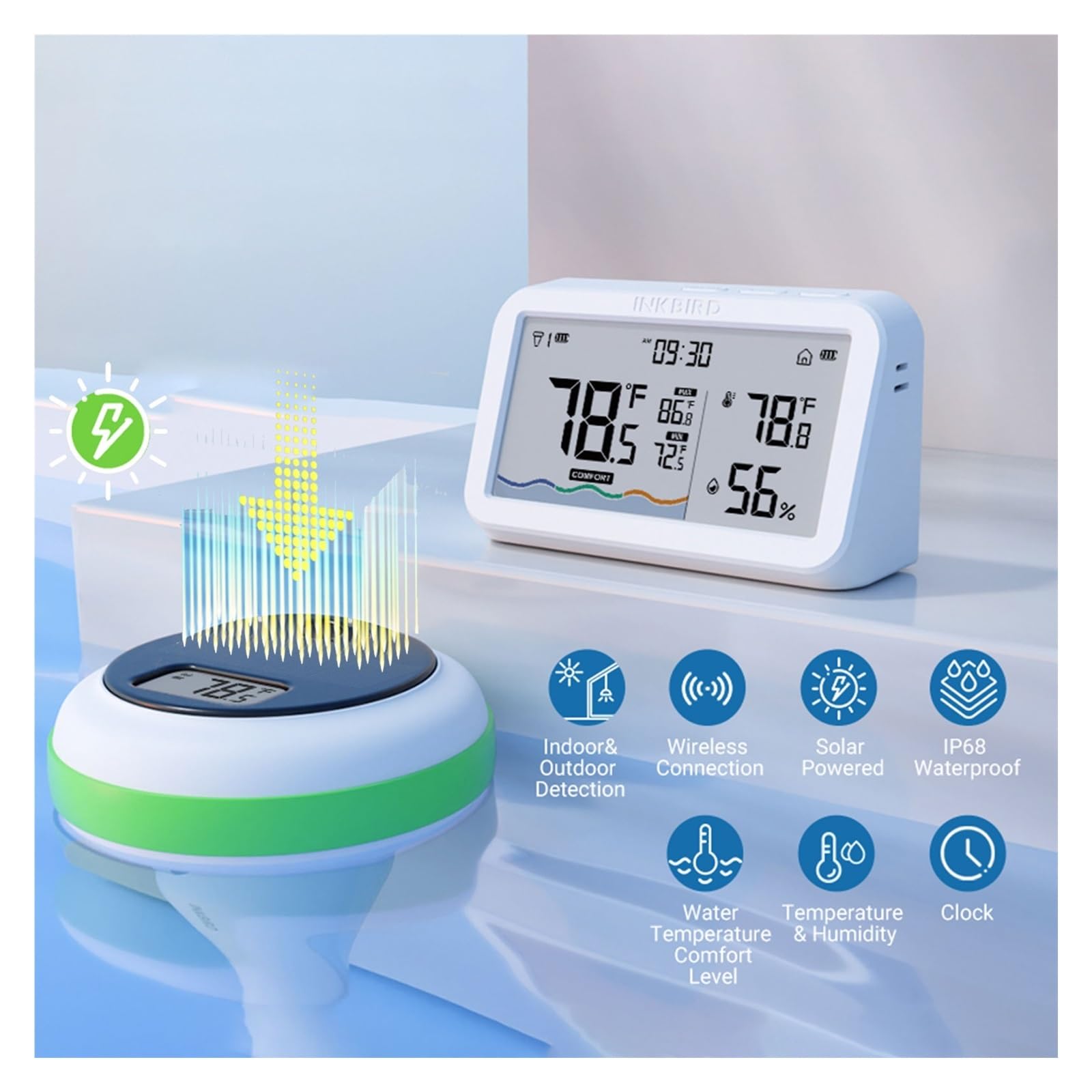 Termometro Solare Wireless for Piscina, Distanza di Trasmissione Ultra Lunga 300 m, con Monitor di Temperatura e umidità Interna