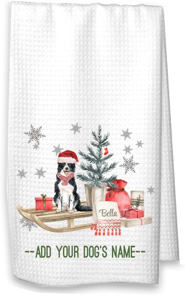 Studio 9Thirty3 Border Collie Christmas Kitchen Towel – Dog on Sled Design, Personalized Holiday Hostess Gift, Custom Dog Lover Home Décor (Border Collie, White)