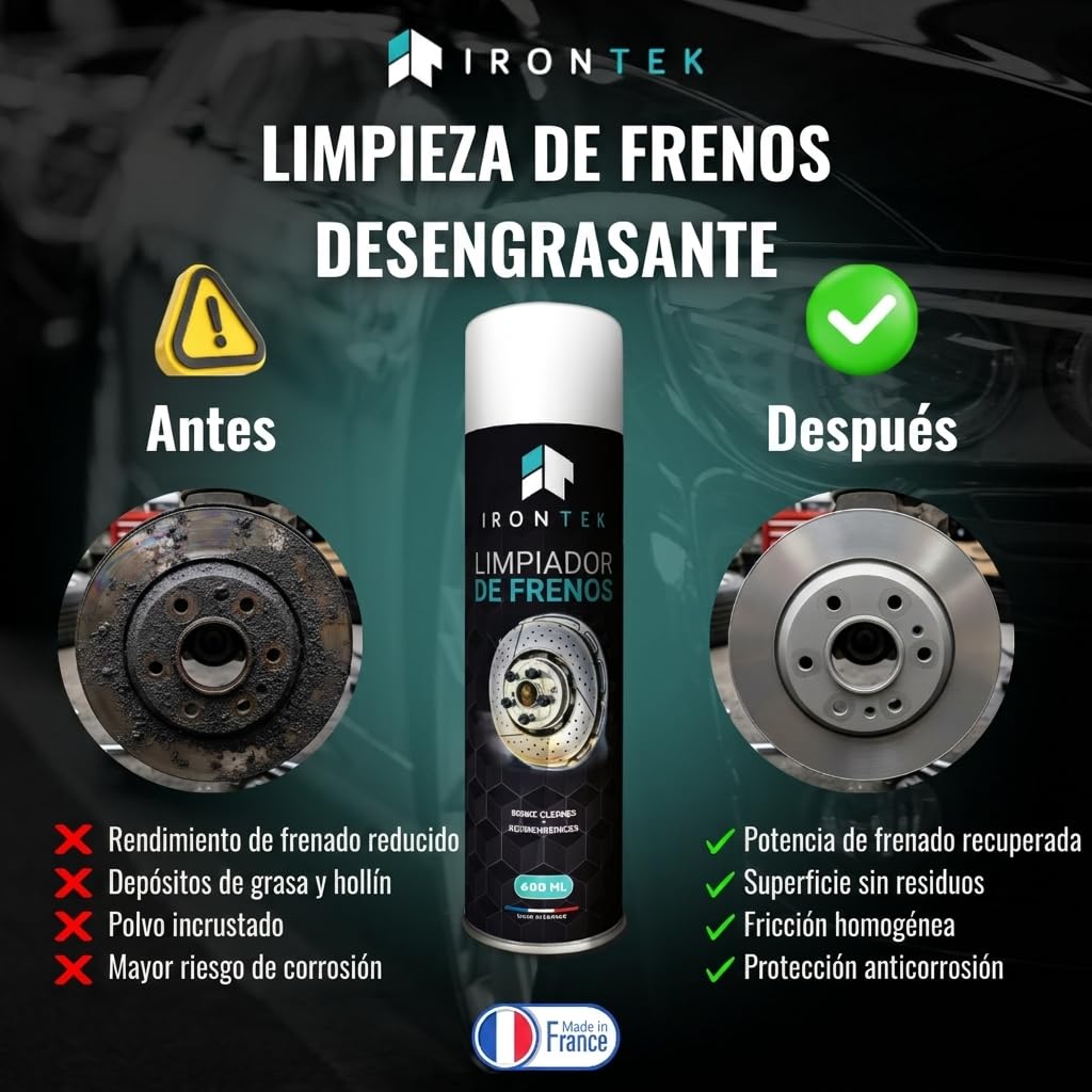 Limpiador Frenos Desengrasante - IRONTEK - 600 ml x12 | IT294 | Aerosol Profesional | Jet Potente | Secado Rápido | Elimina Grasa Hollín | Aerosol profesional, potente de secado rápido, elimina grasa hollín polvo, auto motocicleta, fabricado en Francia