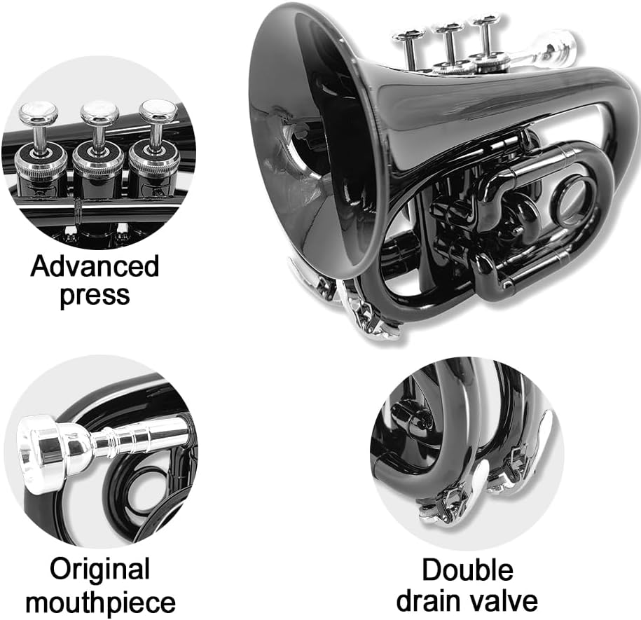 Yinfente Bb Flat Pocket Trumpet Bass Trumpet For Beginner,Student With Cleaning cloth, Silver plated 7C mouthpiece,hard case White gloves (Black)