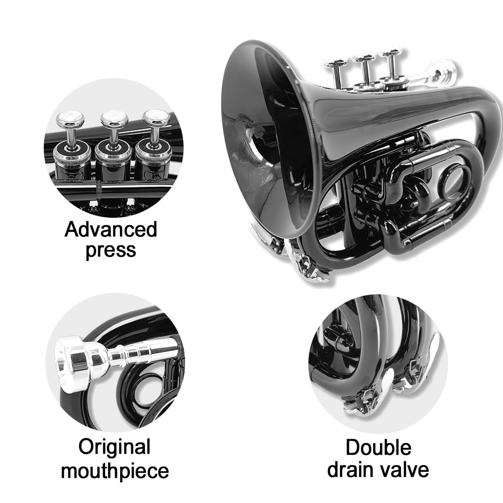 Tromba tascabile professionale in ottone con finitura laccata con custodia e accessori per la pulizia per principianti e musicisti (nero)