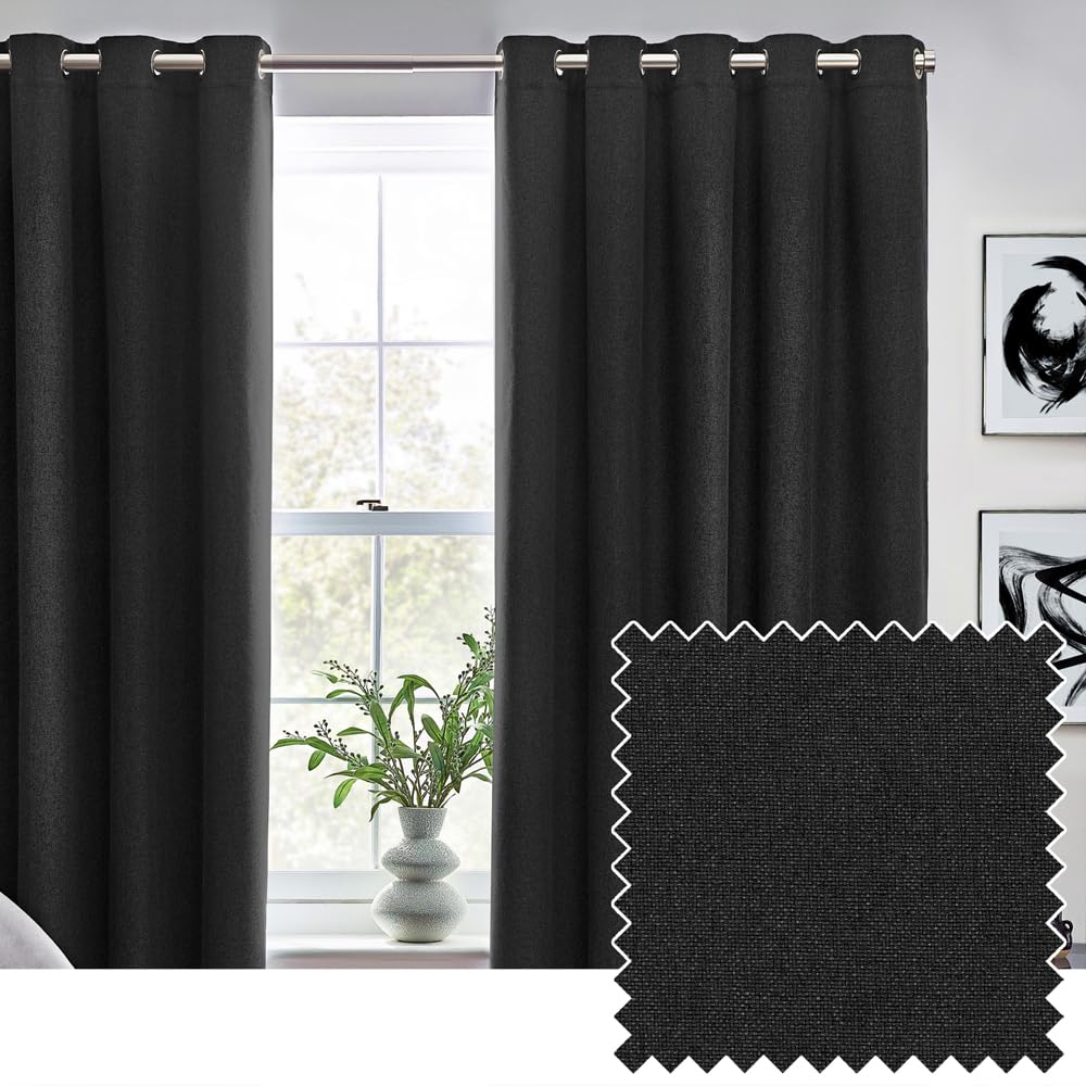 furn. Dawn Textured Blackout Eyelet Curtains - Thermal Lined Pair (Black - Width 117 x Drop 137cm), W 46.1" x L 53.9" (2 Panels)