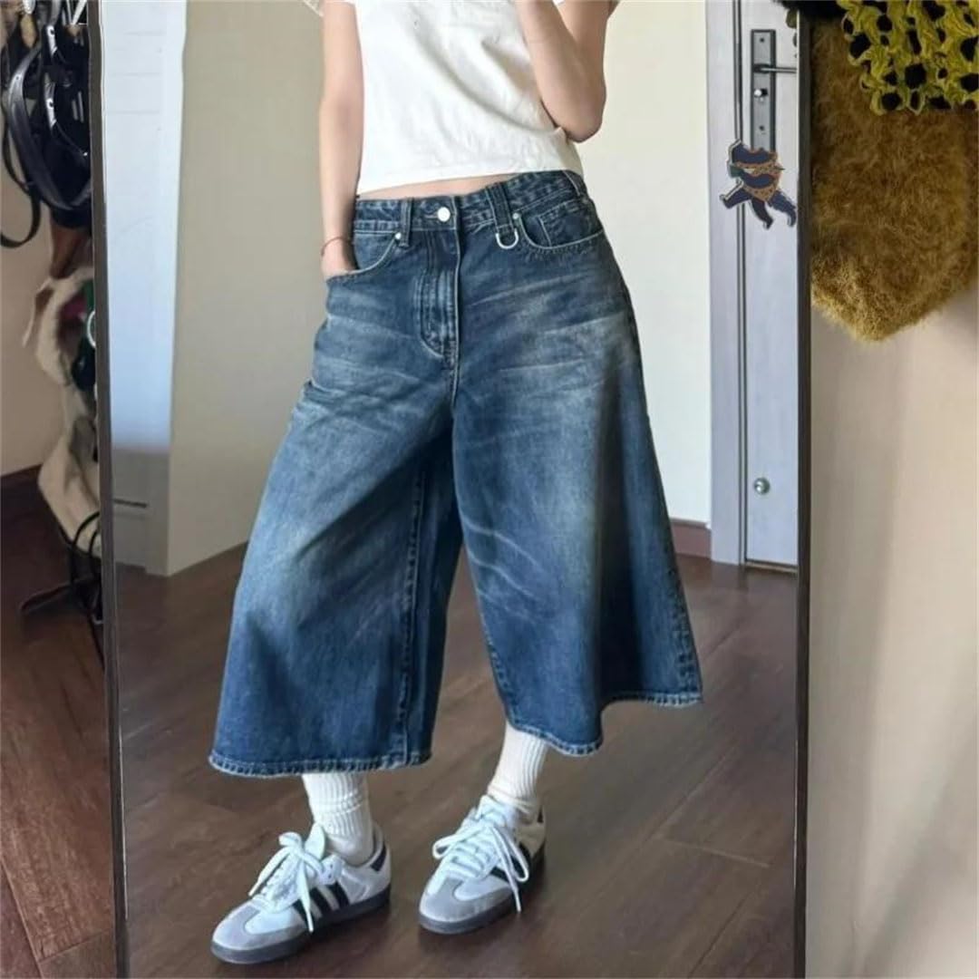 Damskie retro szerokie nogawki workowate denim Harajuku estetyczne szorty z wysokim stanem luźny krój