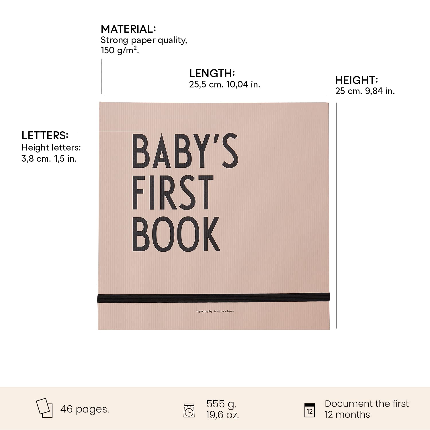 Design Letters Il primo libro del bambino | Libro di attività con carte e busta Milestone per 1 anno | Regalo per la festa del bambino | Libro di carta senza legno | diario di viaggio 25x25 cm