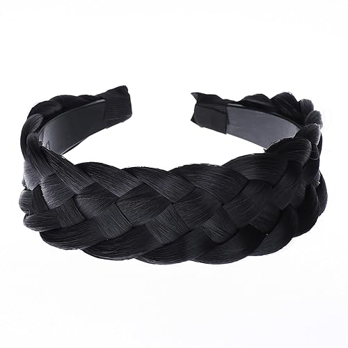 Diadema trenzada para mujer, peluca sintética trenzada con banda de dientes, accesorios de aro G-negro natural, ancho de 2 pulgadas