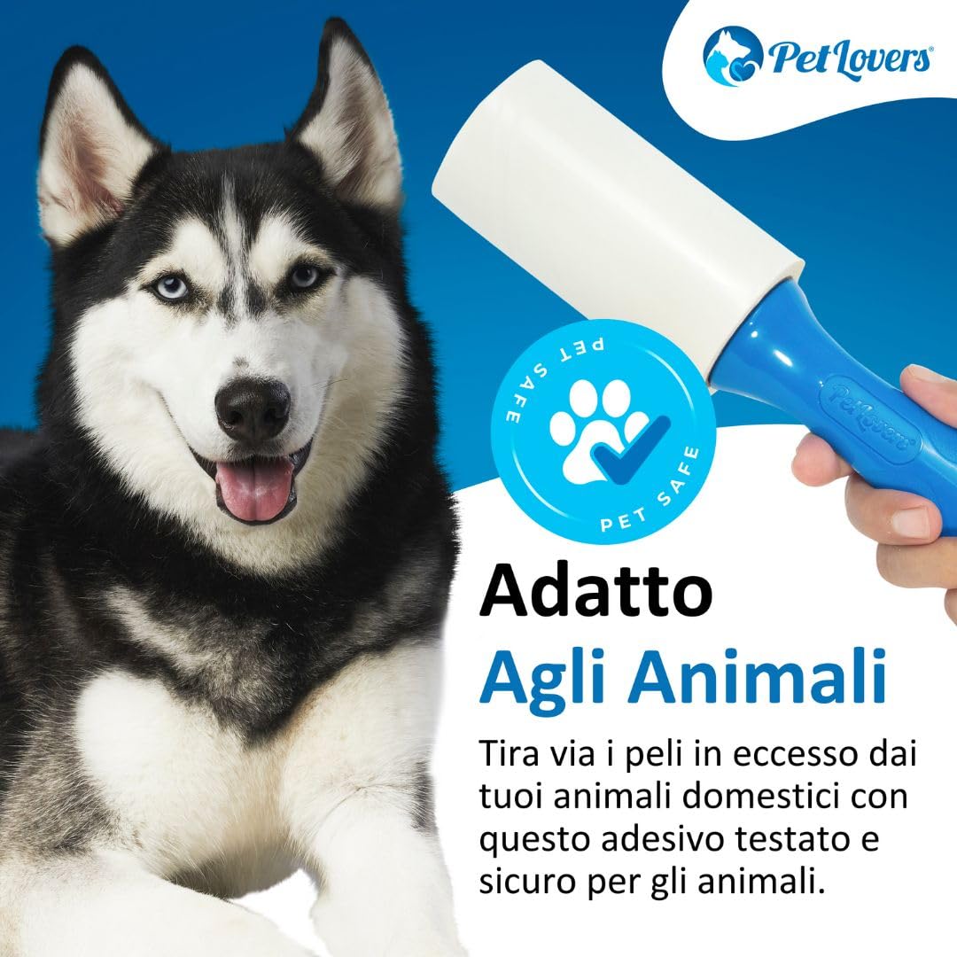 PetLovers Set di 240 fogli di rullo extra appiccicoso per la rimozione dei peli di animali domestici, rimozione pelucchi di cani e gatti, confezione da 4 (2 rulli, 2 ricariche)
