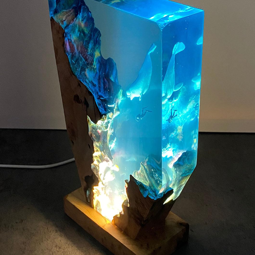 Ręcznie wykonana lampka nocna z żywicy oceanicznej, podwodna lampa biurkowa LED, sztuka perspektywiczna, miękki blask do dekoracji domu lub biura