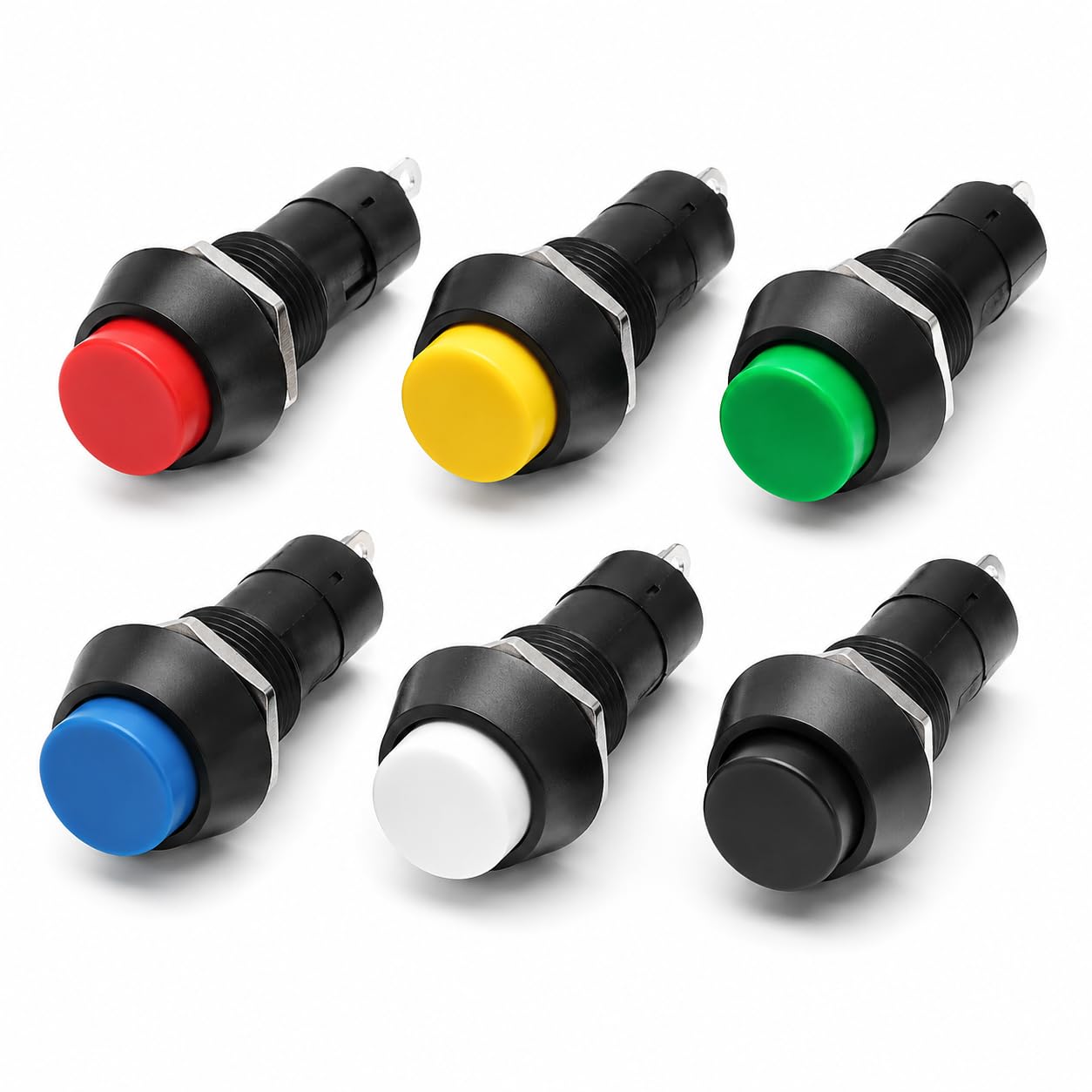 12mm Momentary Push Button Switch Kit (6 Pieces) | Red, Green, Yellow, Blue, White & Black | Push ON Release OFF | 3A 250V | Round Panel Mount | SPST NO-image-23