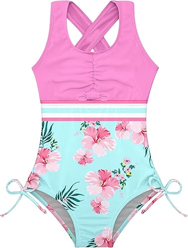 BFUSTYLE Traje de baño de una pieza para niñas, traje de baño a rayas, traje de baño hawaiano, 4-17 años