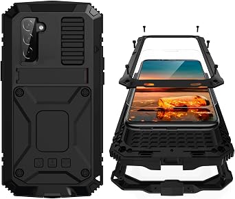 Simicoo Compatible with Samsung S22 Metal Bumper Silicone Case with Stand Hybrid Military Shockproof Heavy Duty Rugged case Built-in Screen Protector Cover for S22 Black