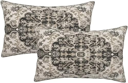 Juego de 2 fundas de almohada bohemias de 12 x 20 pulgadas, color negro y marrón, fundas de almohada con patrón de alfombra étnica rústica, fundas