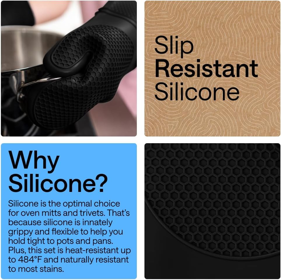 GORILLA GRIP BPA-Free Soft Silicone Oven Mitts and Pot Holders Sets of 4, Heat Resistant Waterproof Cooking Gloves, Thick Cotton Lining, Flexible Gripping for Baking Grilling, Kitchen Trivets, Black - Image 3