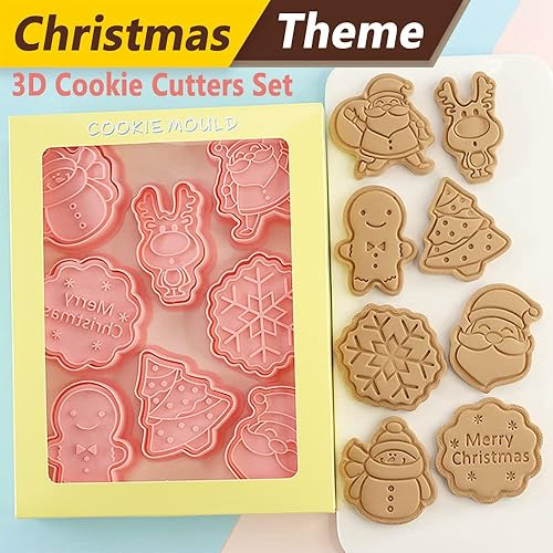 Miniatura 6 de Juego de 8 cortadores de galletas de Navidad 3D para hornear regalos y suministros de fiesta de Navidad