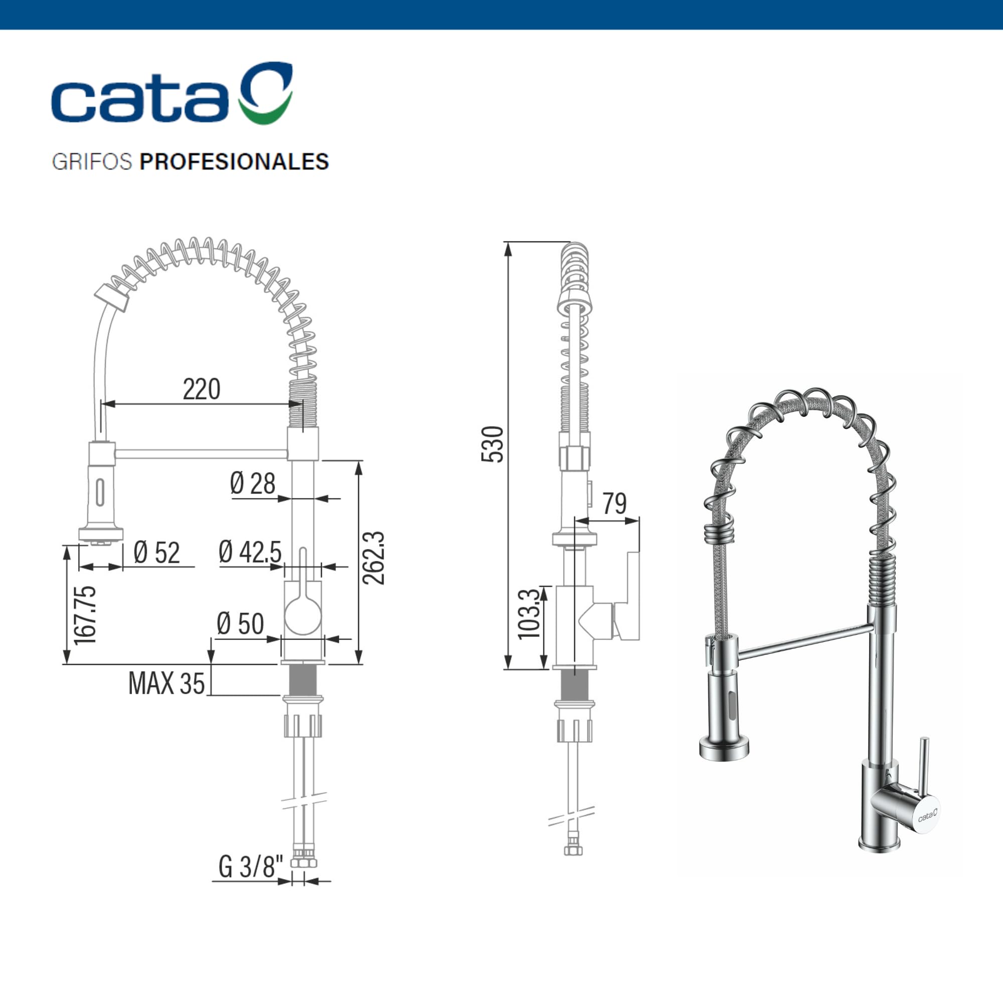 CATA Grifo De Cocina CPB/A, Caño Monomando Alto, Giratorio 360º, Pescadera, Aireador, Función Ducha, Anticalcáreo, Cartucho Cerámico, Apertura En Frío Reductor Caudal, Acabado Acero Inoxidable