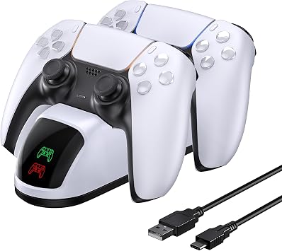 NexiGo DOBE Newest PS5 Controller Charger, Dual Charing Station with LED Indicator, High Speed, Charging Dock for Playstation 5 DualSense Controller, White