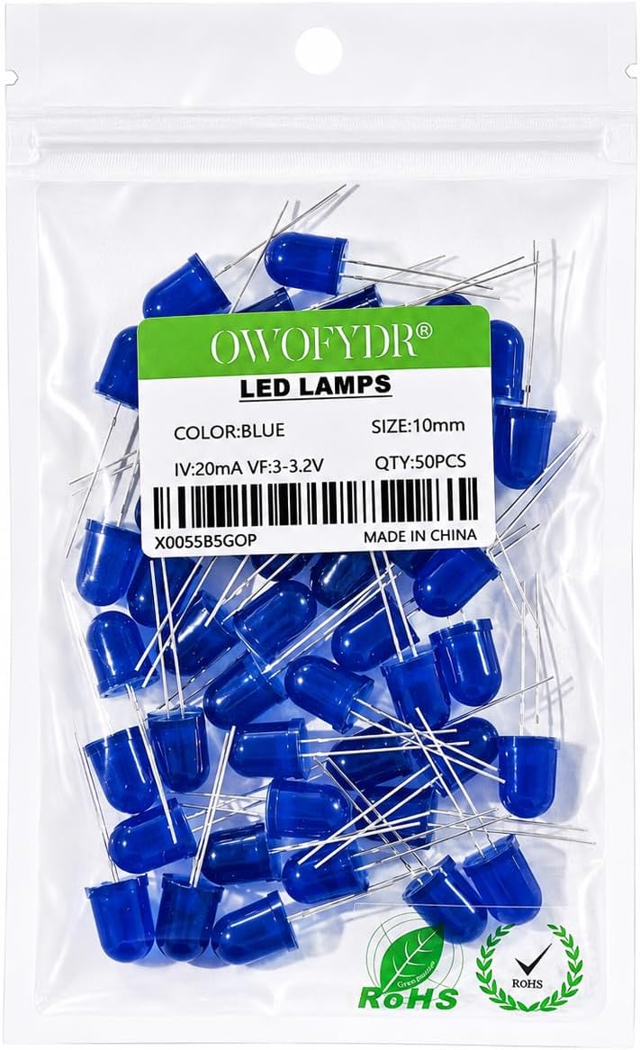50-Pack 10mm Blue LED Diodes, Transparent Round Lens, 3-3.2V 20mA