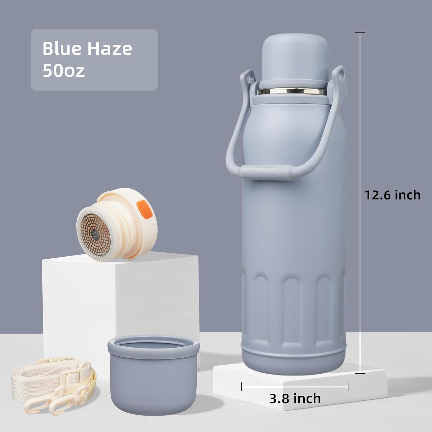 Insulated Water Bottle with Handle and Strap,Vacuum Travel Tumbler with Cup Lid,Thermo Coffee Cup for Hot Cold Drinks 50 OZ,Blue Haze - Image 2