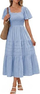 Bbonlinedress Women Summer Midi Casual Smocked Boho Dress with Pockets | Square Neck, Tea Length, Ruffle Short Sleeve, Cotton, Wedding Guest Church, Flowy Fit & Flare Dress