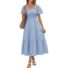 Bbonlinedress Womens Summer Midi Casual Dress 2026 Flowy Short Sleeve Square Neck Smocked Ruffle Boho Dresses with Pockets