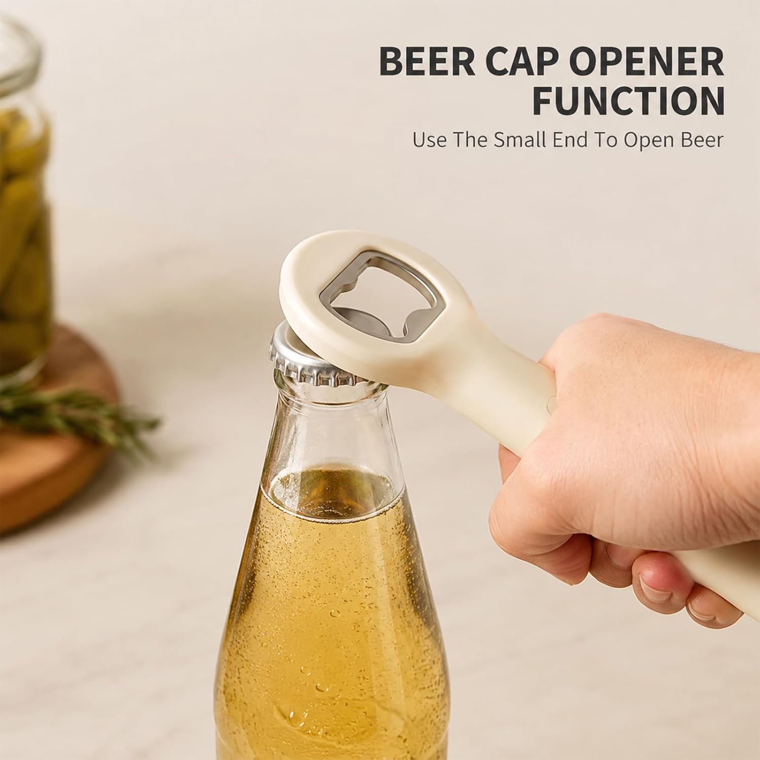 Manual 4-in-1 Can Opener, Multifunctional Jar Opener and Bottle Opener with Ergonomic Handle for Jars, Cans and Lids, Beige Brown image 5