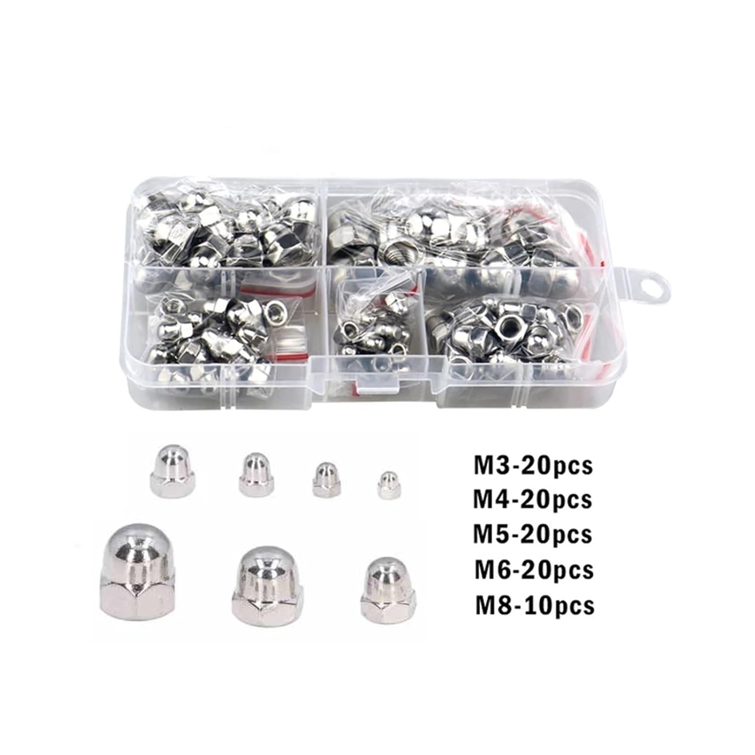 172/90pcs DIN1587 Acorn Nut Set M3 M4 M5 M6 M8 M10 M12 Stainless Steel Hexagon Dome Cap Nut Blind Nut Assortment Kit(M3-M8-90pcs)