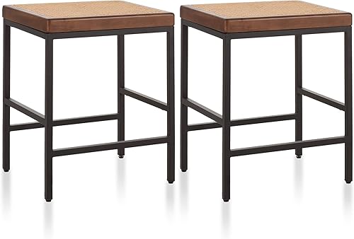Miniatura 6 de MAISON ARTS Juego de 2 taburetes de bar de ratán, altura de mostrador de 24 pulgadas, taburetes de bar modernos sin espalda, sillas de bar tapizadas