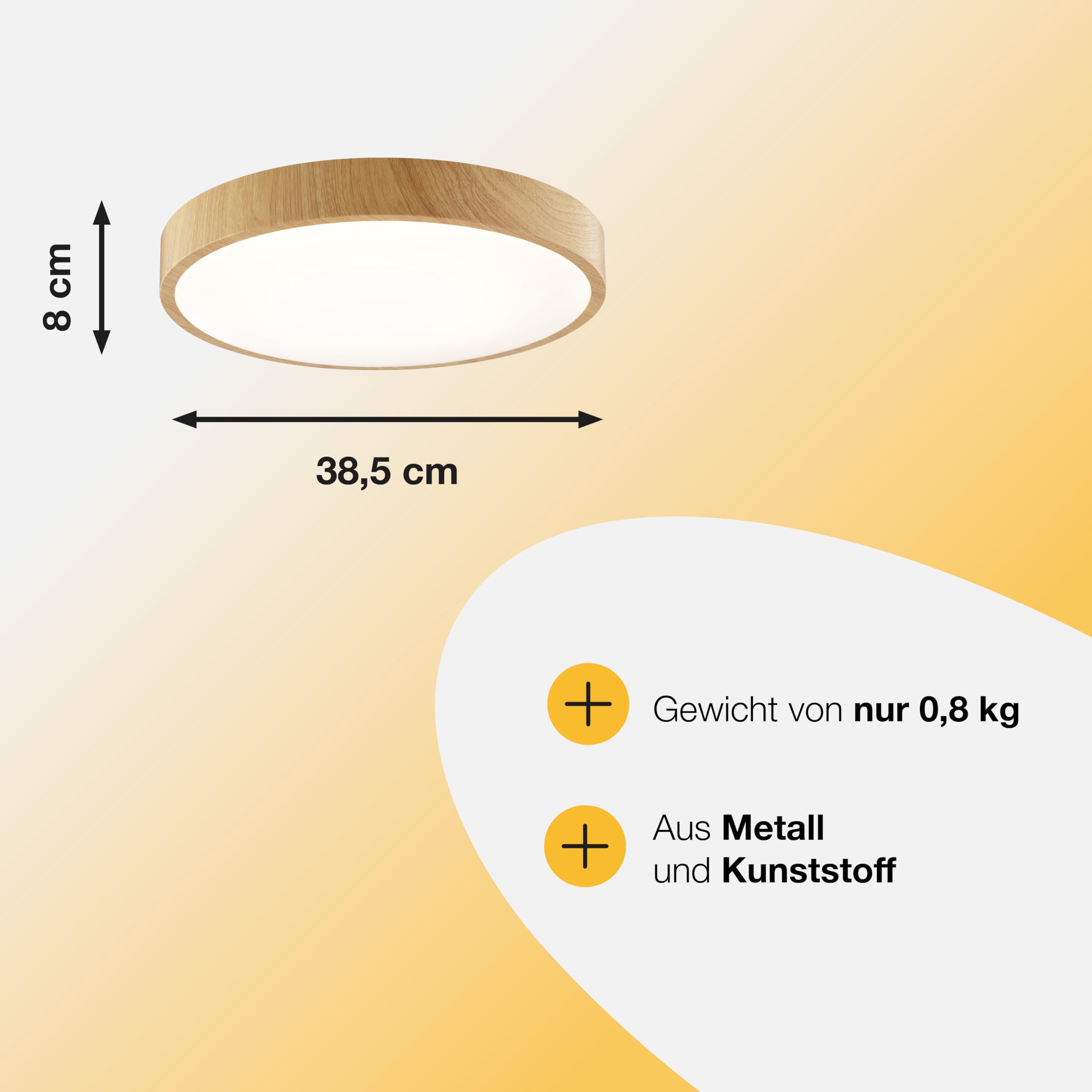 Brilliant LED Deckenleuchte Ø38,5 cm rund Holzoptik 18W Deckenlampe, 2300 Lumen, warmweiß 3000K, moderne LED Wohnraumleuchte für Wohnzimmer, Schlafzimmer & Flur
