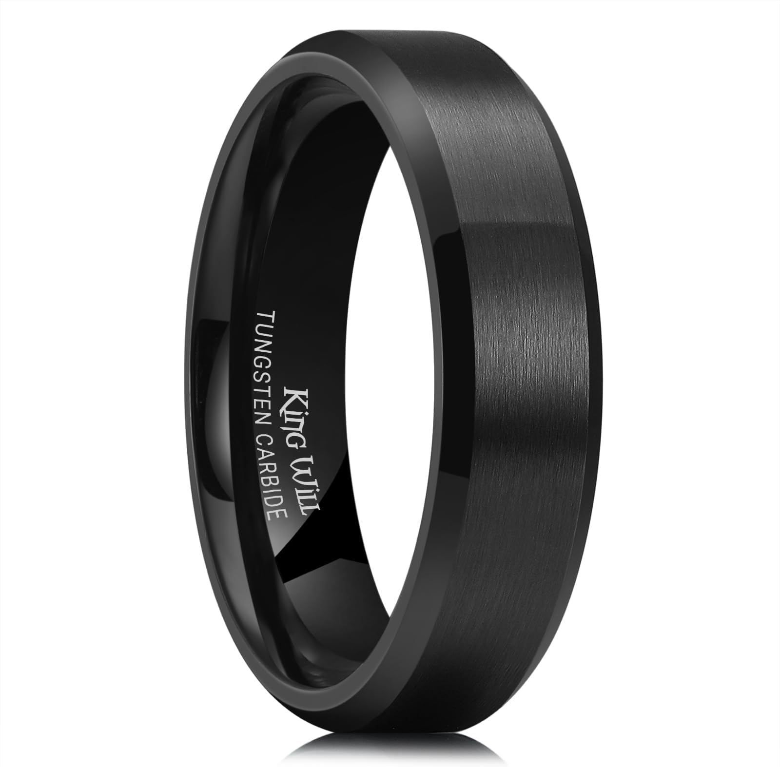 Tungsten Men's Wedding Ring - Available in 6mm to 10mm, Black/Silver, Matte Finish, Beveled Polished Edge, Comfort Fit
