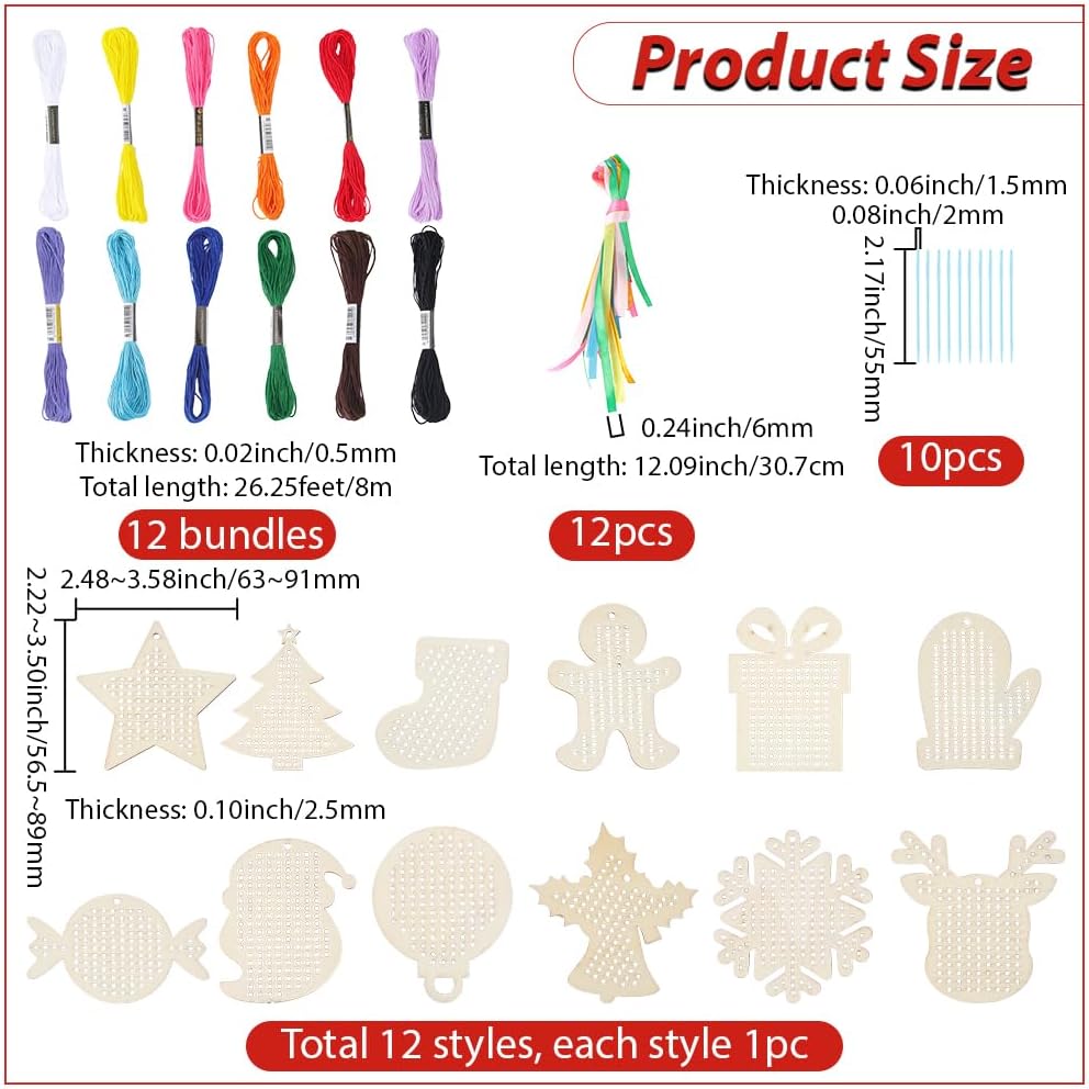 SUNNYCLUE DIY 12 Sets Wood Cross Stitch Kits Christmas Wooden Ornaments Wood Snowflake Xmas Tree Star Reindeer Winter Hanging Decorations Cross Stitch Kit for Beginners Starter Adults Gifts Holiday